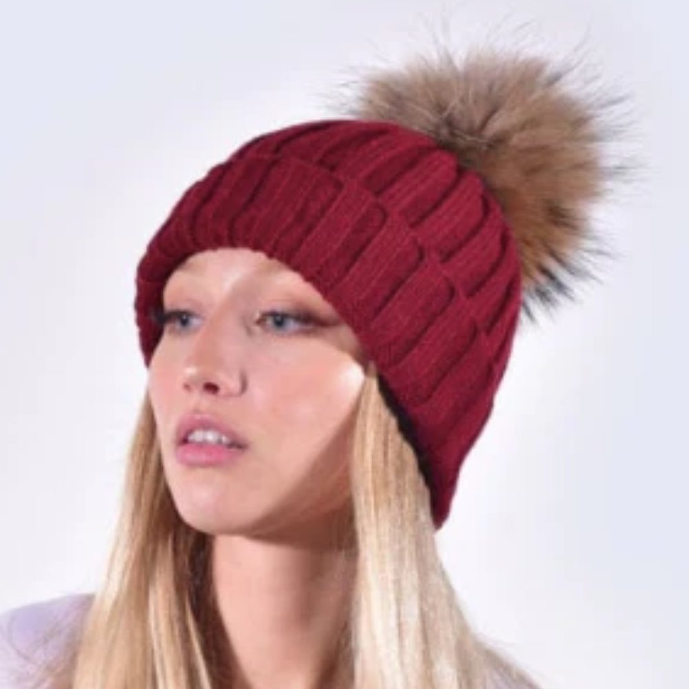 Burgundy Wine Bordeaux Natural Fur Pom Beanie Hat